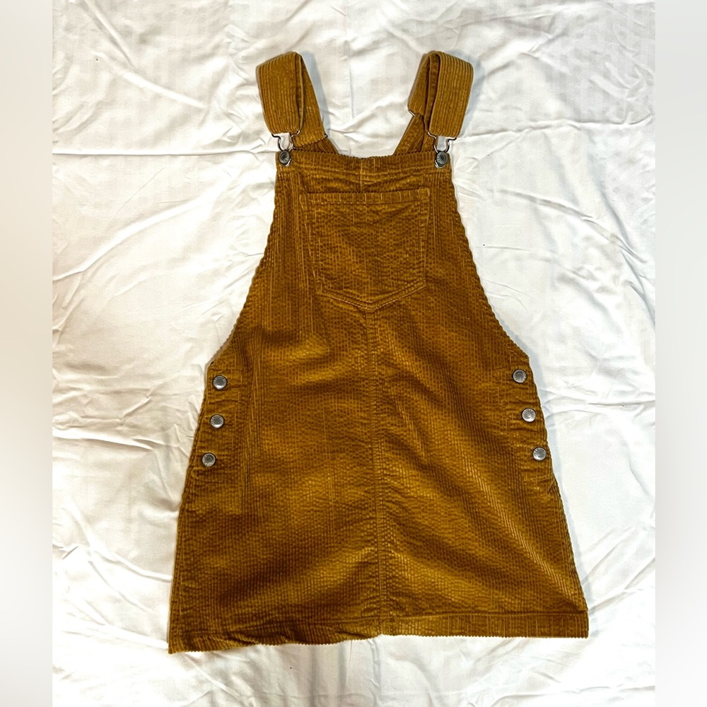 Mustard corduroy overall dress, 1 front pocket, 2 back pockets